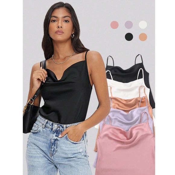 Black Glamorous Cowl Neck Spaghetti Straps Camisole Top Cami, Draped - Picture 9 of 10